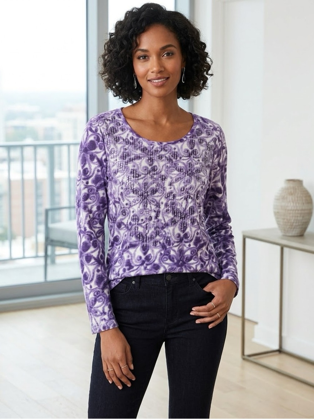 Style & Co. Purple Floral Sequin Long Sleeve Tee